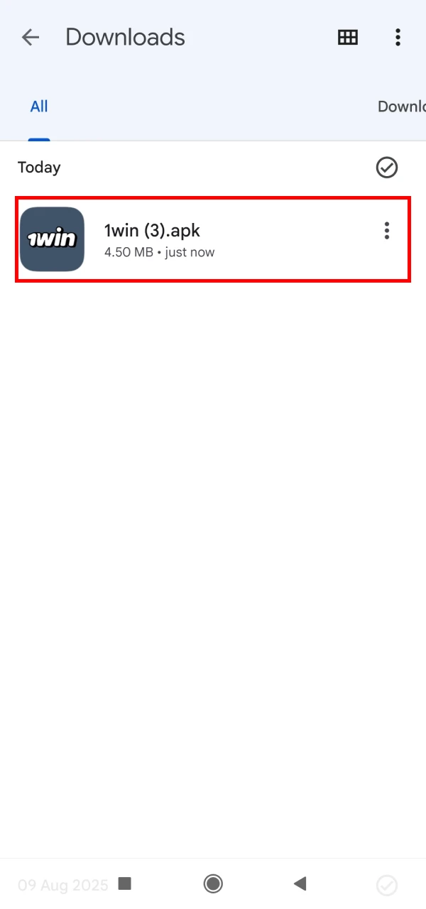 Find the downloaded 1win app on your Android device.