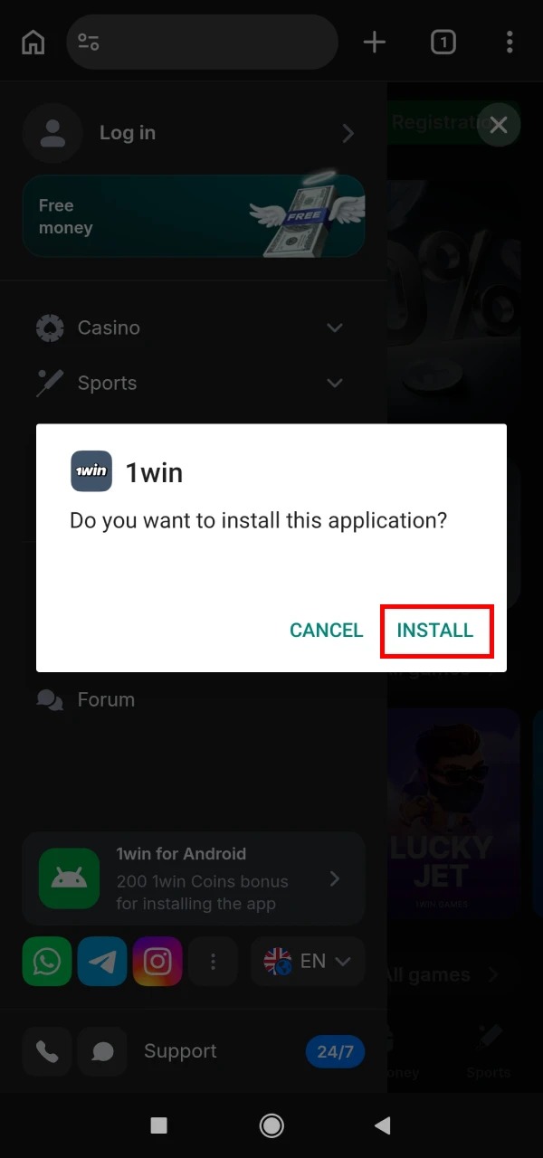Start installing the 1win app for Android.