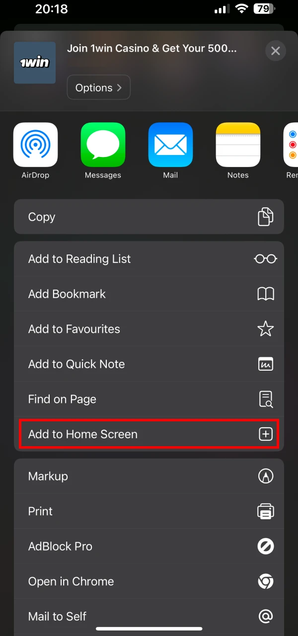 Press the home screen button of the 1win app on iOS.