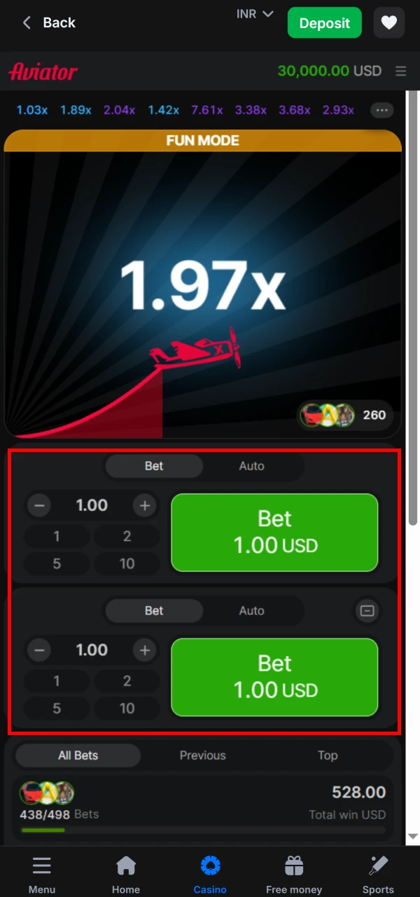 Now place your bet in the Aviator game from 1win.