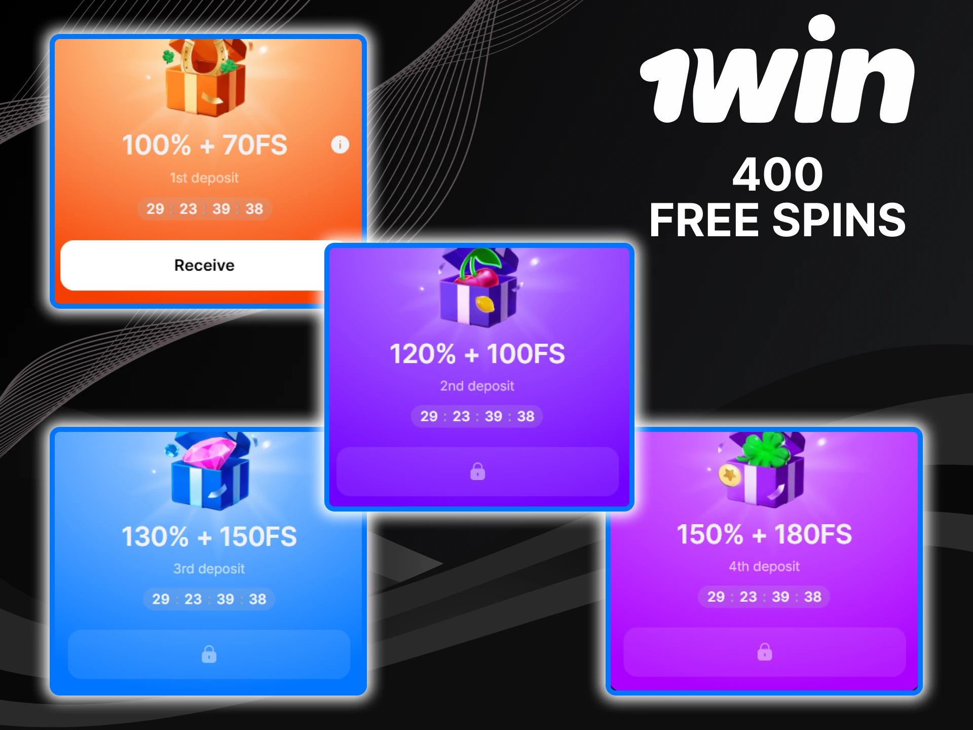 You can get a large number of free spins from 1win.