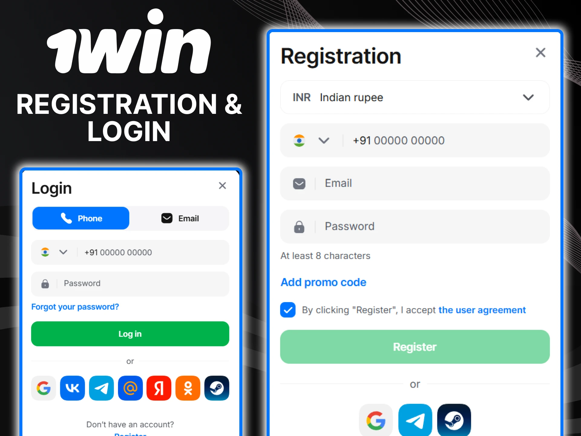 To play casino games you need to register on 1win.