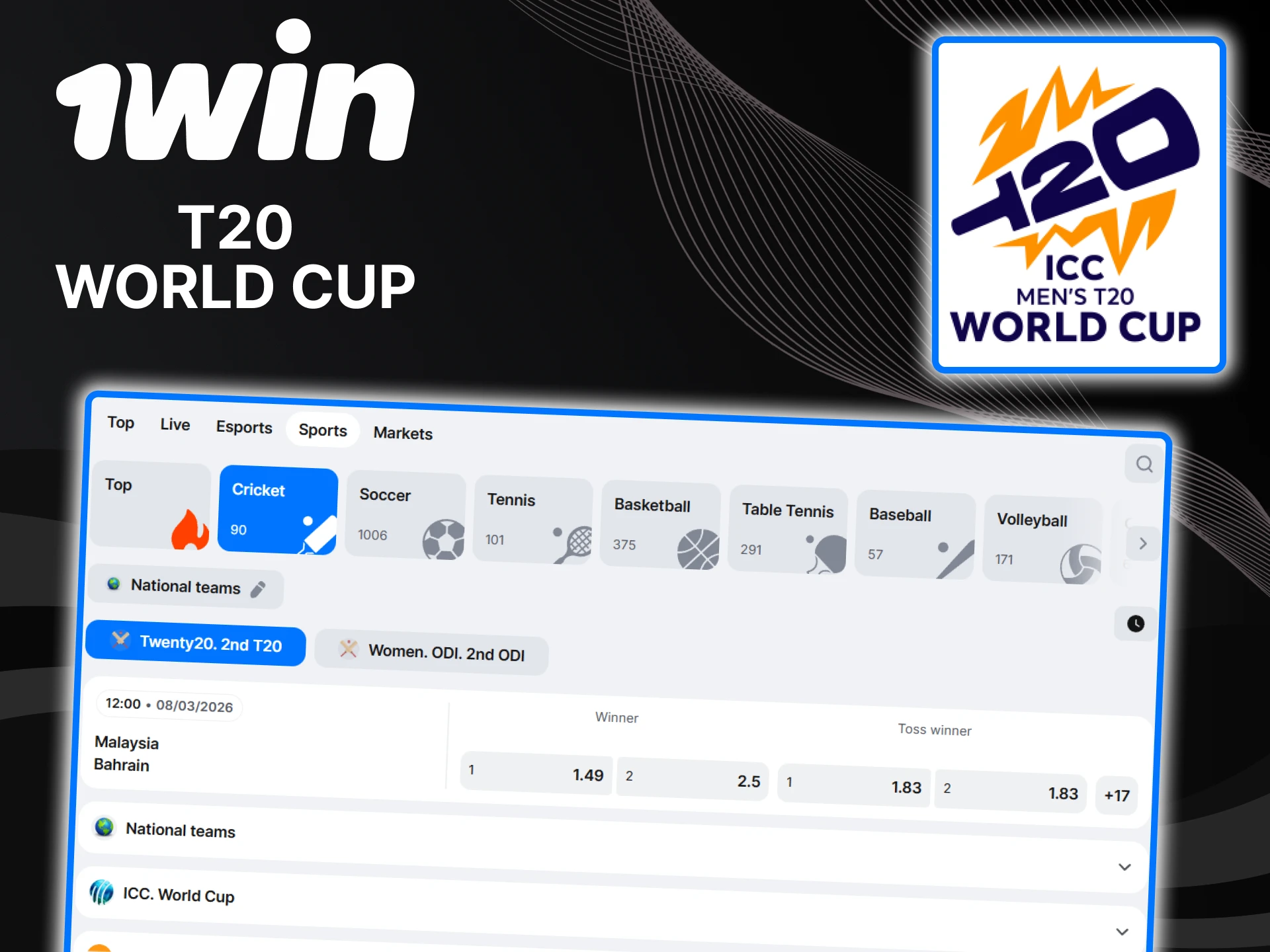 1win offers the opportunity to bet on the T20 World Cup cricket tournament.