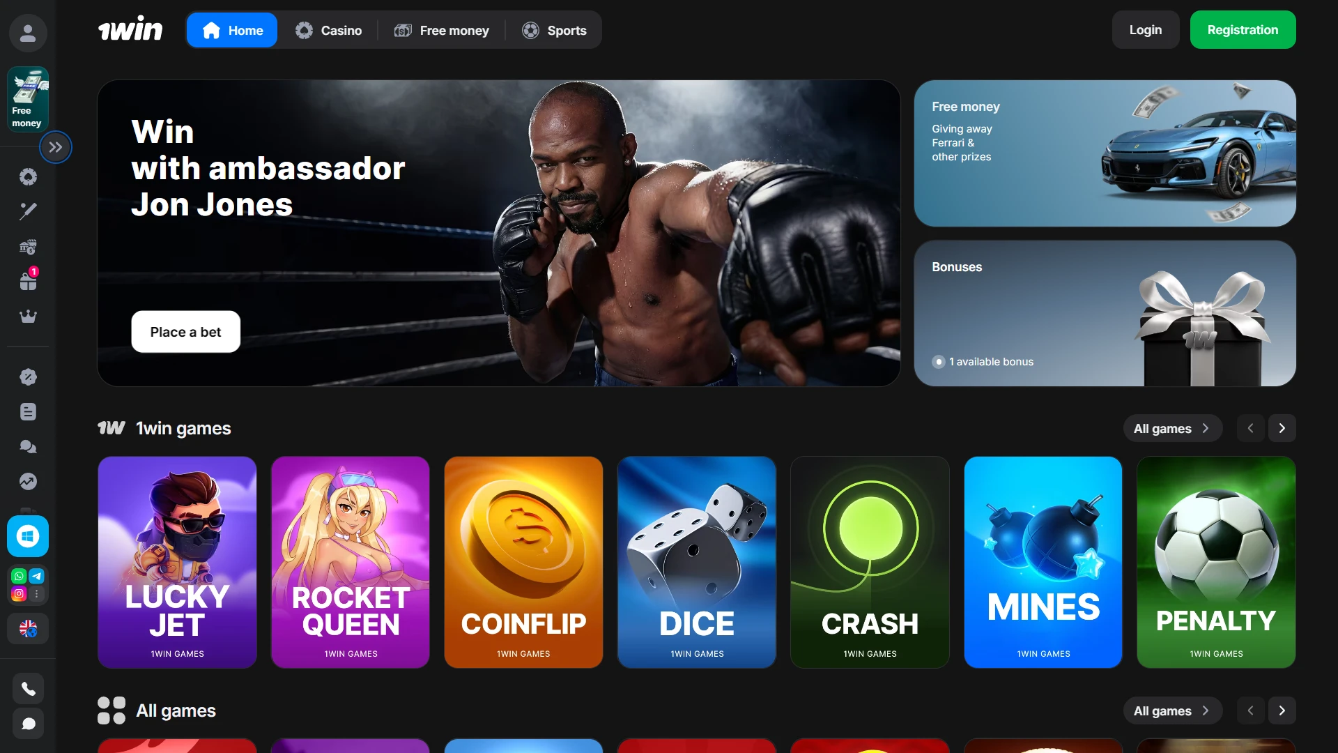 Explore the interface of the 1win website main page.