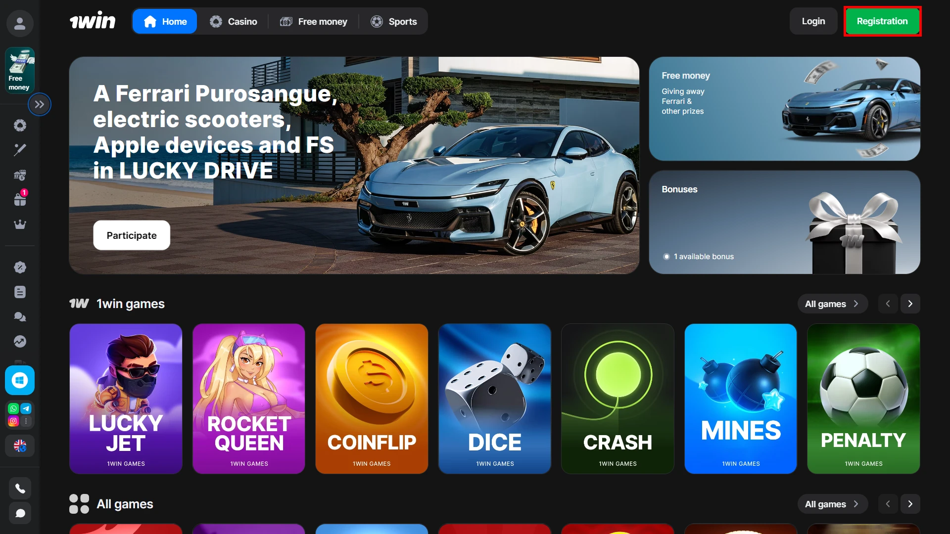Open the registration window on the 1win website.