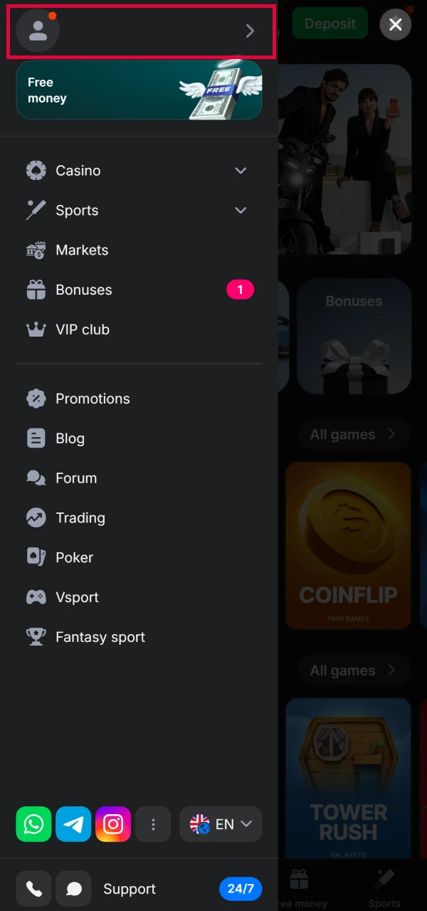 Open the menu in the 1win app to withdraw funds.